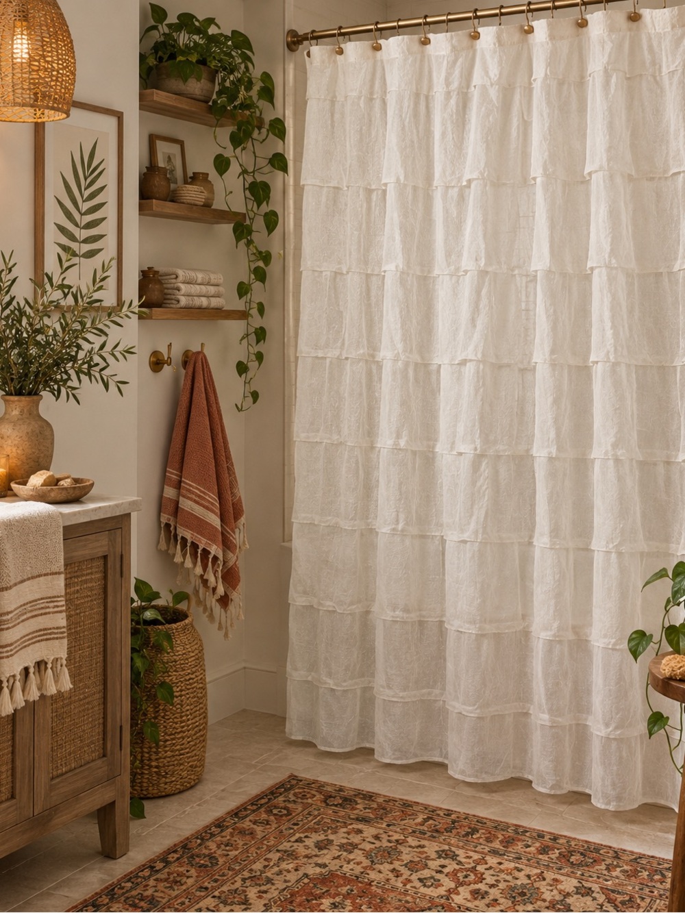 Crushed Voile Shower Curtain White Bohemian